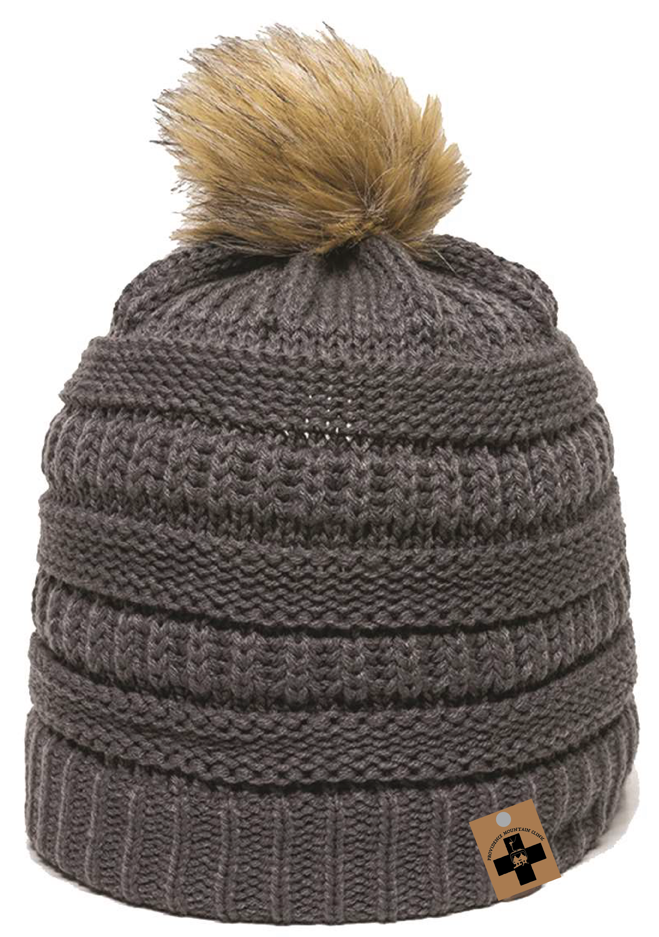 Gravity Threads Cable Knit Faux Fur Pom Pom Beanie Hat, Light Melange